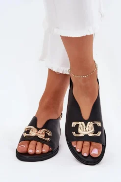 New Sandały Damskie Na Płaskim Obcasie Ze Złotą Ozdobą Czarne Amelira Damskie Sandały Płaskie