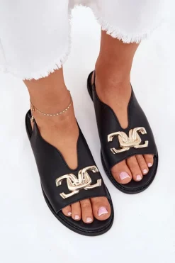 New Sandały Damskie Na Płaskim Obcasie Ze Złotą Ozdobą Czarne Amelira Damskie Sandały Płaskie