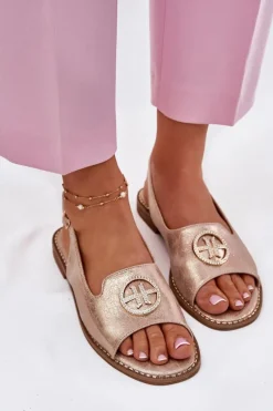 Sale Damskie buty S.Barski Sandały Damskie Na Płaskim Obcasie Z Ozdobą S.Barski KV51-002 Różowe Złoto Złoty