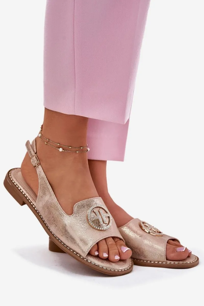 Sale Damskie buty S.Barski Sandały Damskie Na Płaskim Obcasie Z Ozdobą S.Barski KV51-002 Różowe Złoto Złoty