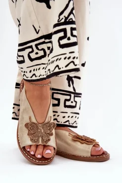 Best Boto Sandały Damskie Na Płaskim Obcasie Z Ozdobą Złote Setorina Złoty