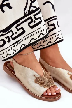 Best Boto Sandały Damskie Na Płaskim Obcasie Z Ozdobą Złote Setorina Złoty