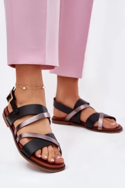 Sandały Płaskie>Buty Sergio Leone Sandały Damskie Na Płaskim Obcasie Z Paskami Sergio Leone SK086H Czarne Czarny