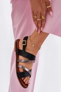 Sandały Płaskie></noscript>Buty Sergio Leone Sandały Damskie Na Płaskim Obcasie Z Paskami Sergio Leone SK086H Czarne Czarny