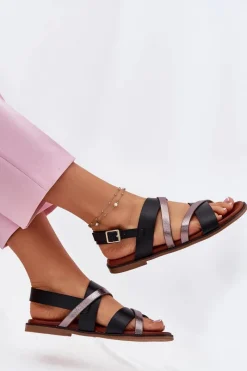 Sandały Płaskie></noscript>Buty Sergio Leone Sandały Damskie Na Płaskim Obcasie Z Paskami Sergio Leone SK086H Czarne Czarny