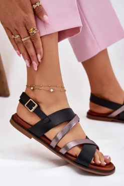 Sandały Płaskie></noscript>Buty Sergio Leone Sandały Damskie Na Płaskim Obcasie Z Paskami Sergio Leone SK086H Czarne Czarny