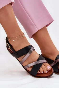 Sandały Płaskie></noscript>Buty Sergio Leone Sandały Damskie Na Płaskim Obcasie Z Paskami Sergio Leone SK086H Czarne Czarny