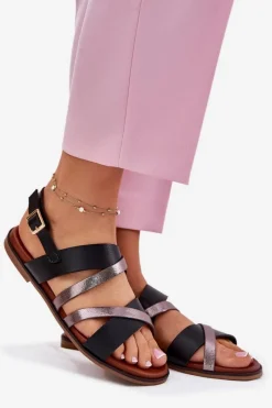 Sandały Płaskie></noscript>Buty Sergio Leone Sandały Damskie Na Płaskim Obcasie Z Paskami Sergio Leone SK086H Czarne Czarny