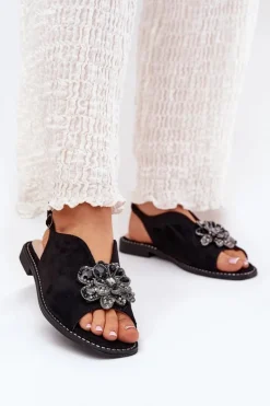 Sandały Z Cholewką|Sandały Płaskie>Damskie buty S.Barski Sandały Damskie Na Płaskim Obcasie Z Ozdobą S.Barski KV27-001 Czarne Czarny