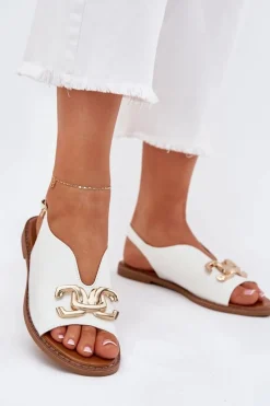 Sandały Płaskie>Evento Sandały Damskie Na Płaskim Obcasie Ze Złotą Ozdobą Białe Amelira Biały