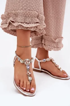 Sandały Płaskie>Boto Sandały Damskie Na Płaskim Obcasie Z Kryształkami Srebrne Fiolalia