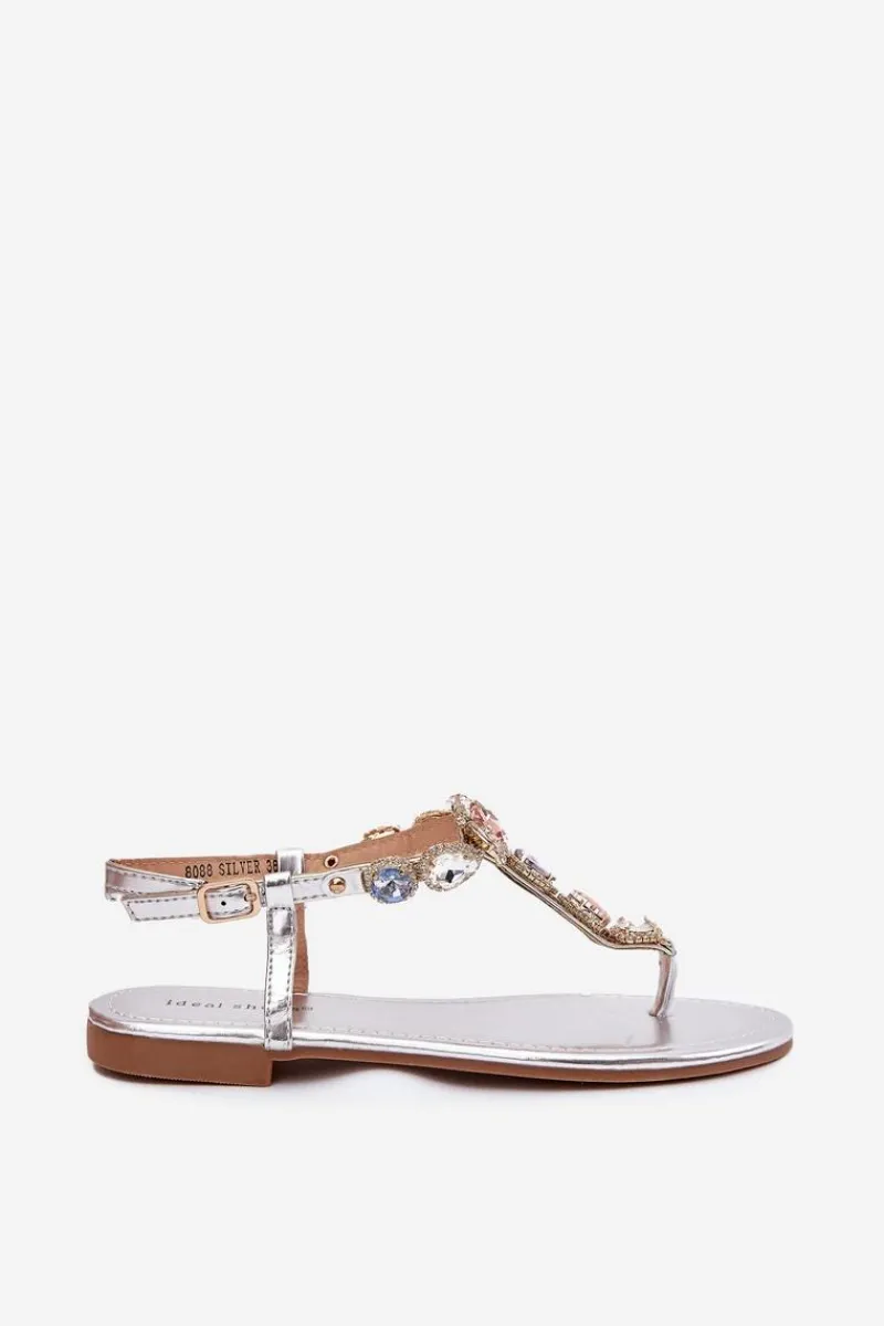 Sandały Płaskie>Boto Sandały Damskie Na Płaskim Obcasie Z Kryształkami Srebrne Fiolalia