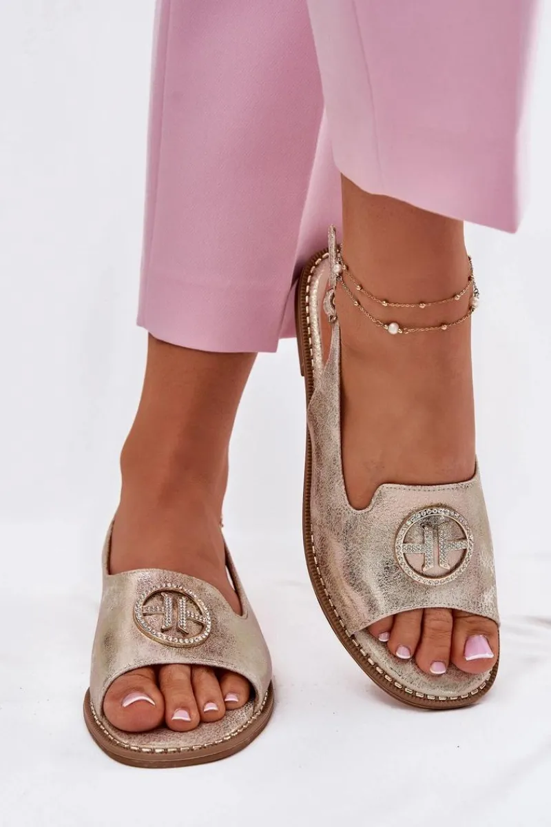 New Sandały Damskie Na Płaskim Obcasie Z Ozdobą S.Barski KV51-002 Złote Damskie Sandały Płaskie