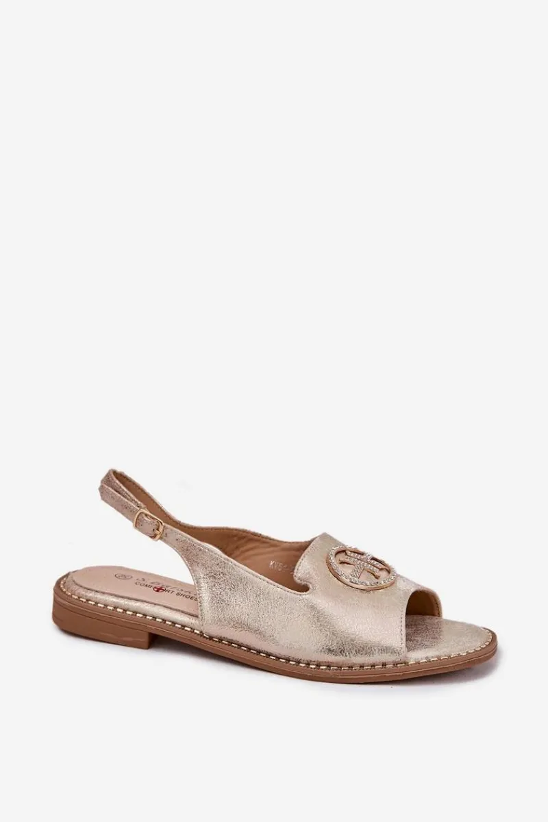 New Sandały Damskie Na Płaskim Obcasie Z Ozdobą S.Barski KV51-002 Złote Damskie Sandały Płaskie