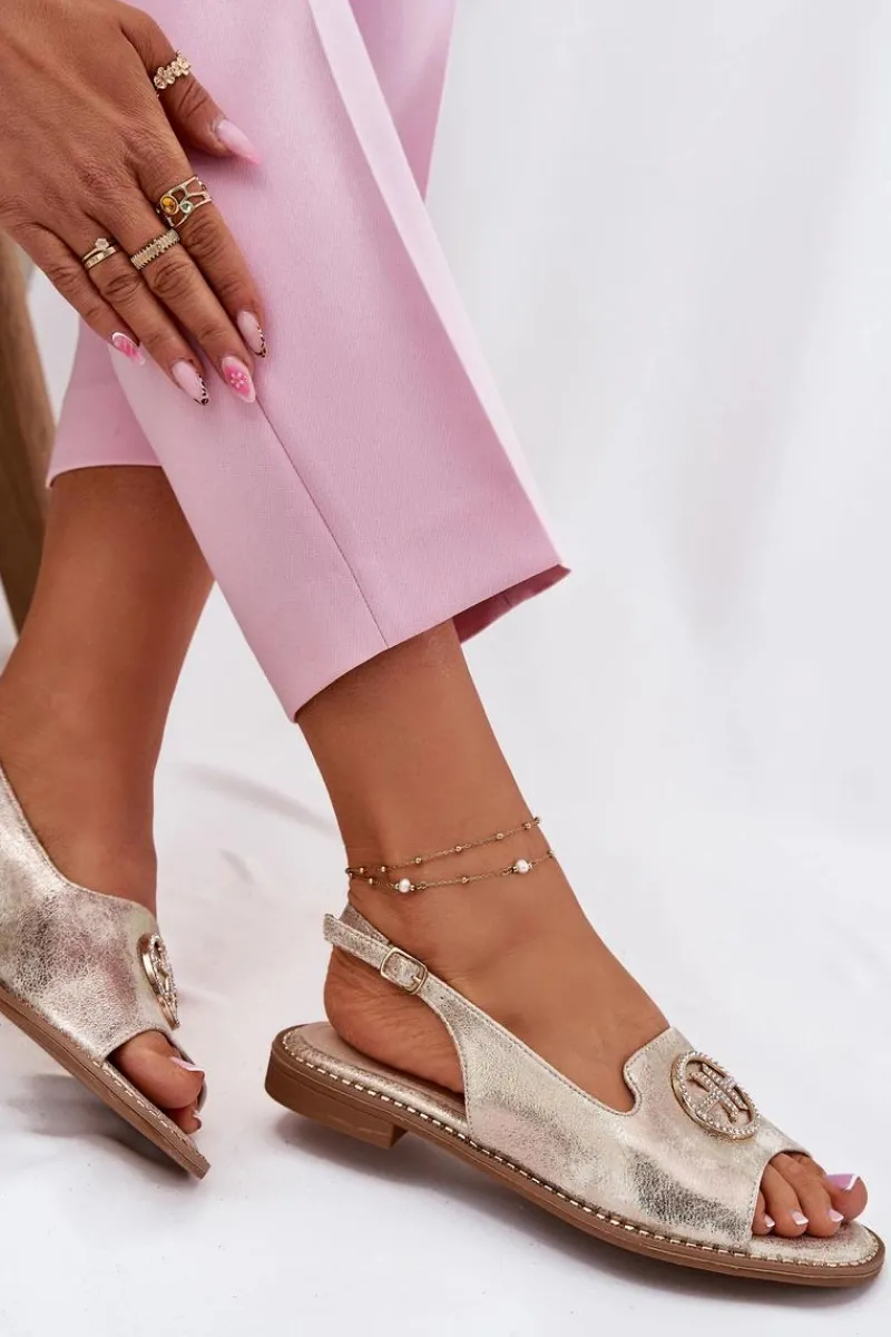 New Sandały Damskie Na Płaskim Obcasie Z Ozdobą S.Barski KV51-002 Złote Damskie Sandały Płaskie