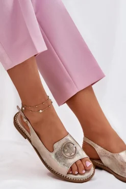 New Sandały Damskie Na Płaskim Obcasie Z Ozdobą S.Barski KV51-002 Złote Damskie Sandały Płaskie