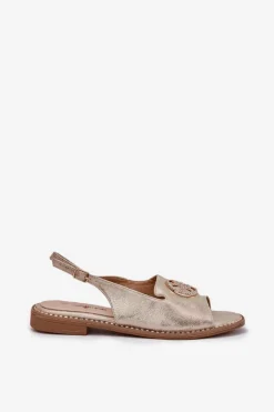 New Sandały Damskie Na Płaskim Obcasie Z Ozdobą S.Barski KV51-002 Złote Damskie Sandały Płaskie