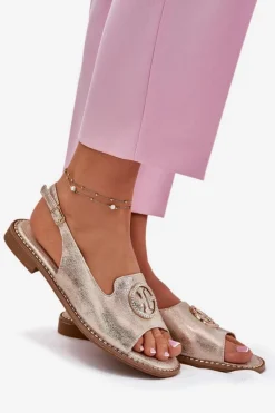 New Sandały Damskie Na Płaskim Obcasie Z Ozdobą S.Barski KV51-002 Złote Damskie Sandały Płaskie