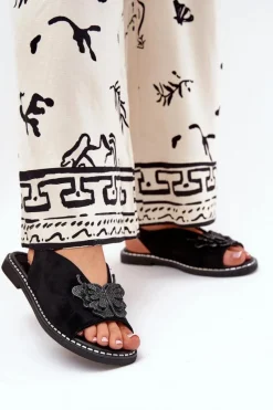 Outlet Sandały Damskie Na Płaskim Obcasie Z Ozdobą Czarne Setorina Damskie Sandały Płaskie