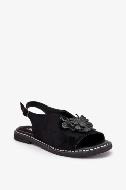 Outlet Sandały Damskie Na Płaskim Obcasie Z Ozdobą Czarne Setorina Damskie Sandały Płaskie