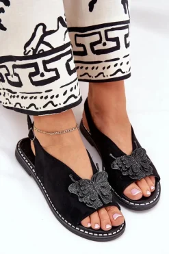 Outlet Sandały Damskie Na Płaskim Obcasie Z Ozdobą Czarne Setorina Damskie Sandały Płaskie
