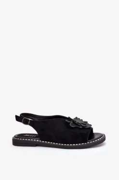 Outlet Sandały Damskie Na Płaskim Obcasie Z Ozdobą Czarne Setorina Damskie Sandały Płaskie