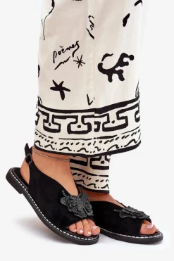 Outlet Sandały Damskie Na Płaskim Obcasie Z Ozdobą Czarne Setorina Damskie Sandały Płaskie