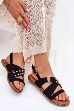 Best Sandały Damskie Na Płaskim Obcasie Ze Złotymi Ćwiekami Czarne Zanira Damskie Sandały Płaskie