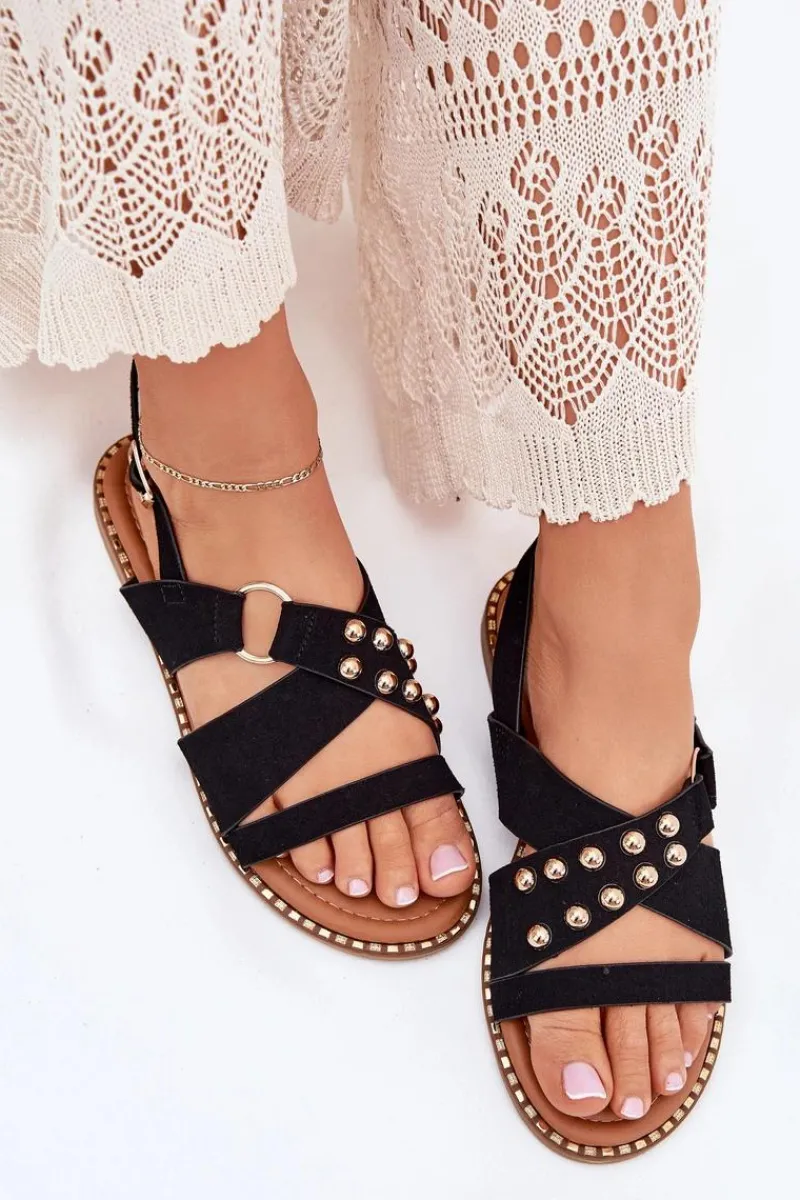 Best Sandały Damskie Na Płaskim Obcasie Ze Złotymi Ćwiekami Czarne Zanira Damskie Sandały Płaskie