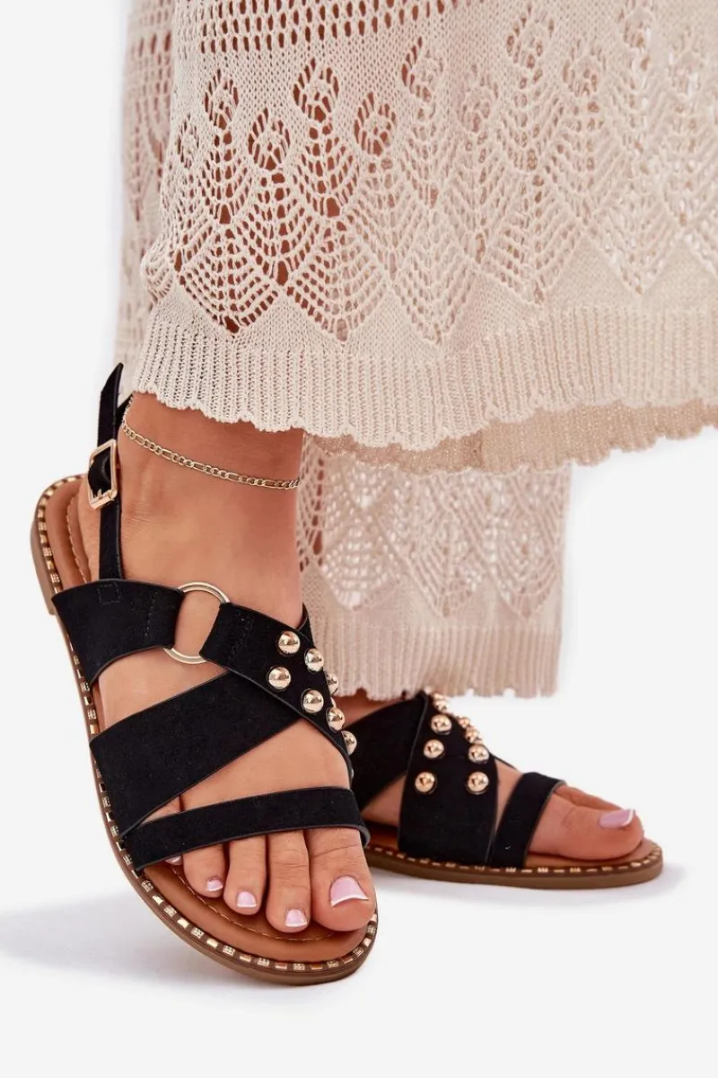 Best Sandały Damskie Na Płaskim Obcasie Ze Złotymi Ćwiekami Czarne Zanira Damskie Sandały Płaskie