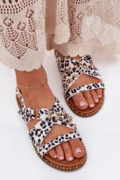 Sandały Płaskie>Boto Sandały Damskie Na Płaskim Obcasie Ze Złotymi Ćwiekami Biało-Czarne Zanira