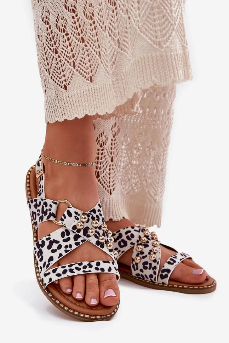 Sandały Płaskie>Boto Sandały Damskie Na Płaskim Obcasie Ze Złotymi Ćwiekami Biało-Czarne Zanira