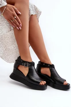 Hot Boto Sandały Damskie Na Platformie I Koturnie Z Eko Skóry Czarne Hloeli