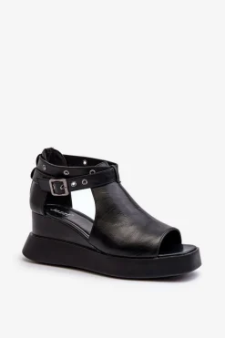 Hot Boto Sandały Damskie Na Platformie I Koturnie Z Eko Skóry Czarne Hloeli