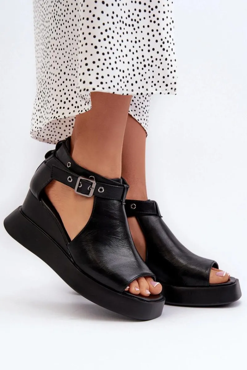 Hot Boto Sandały Damskie Na Platformie I Koturnie Z Eko Skóry Czarne Hloeli