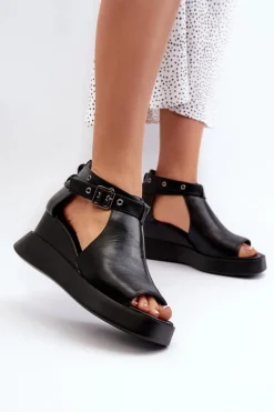 Hot Boto Sandały Damskie Na Platformie I Koturnie Z Eko Skóry Czarne Hloeli