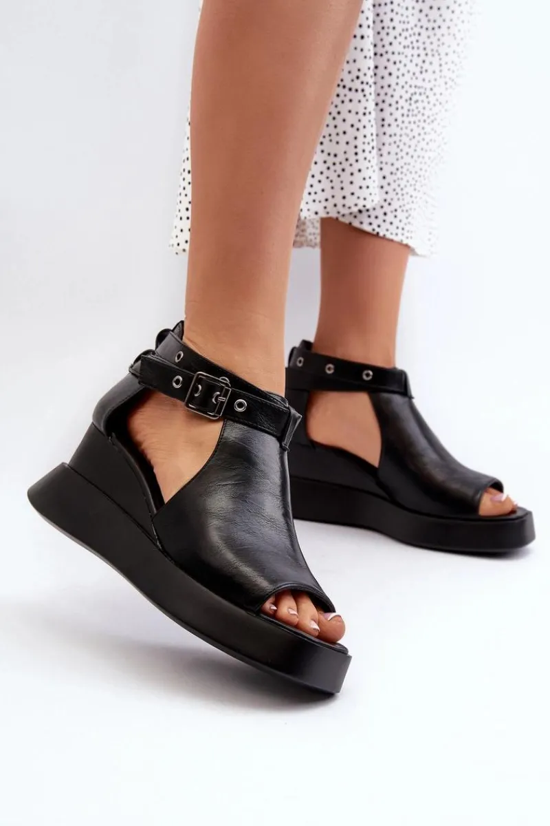 Hot Boto Sandały Damskie Na Platformie I Koturnie Z Eko Skóry Czarne Hloeli