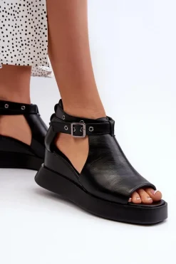 Hot Boto Sandały Damskie Na Platformie I Koturnie Z Eko Skóry Czarne Hloeli