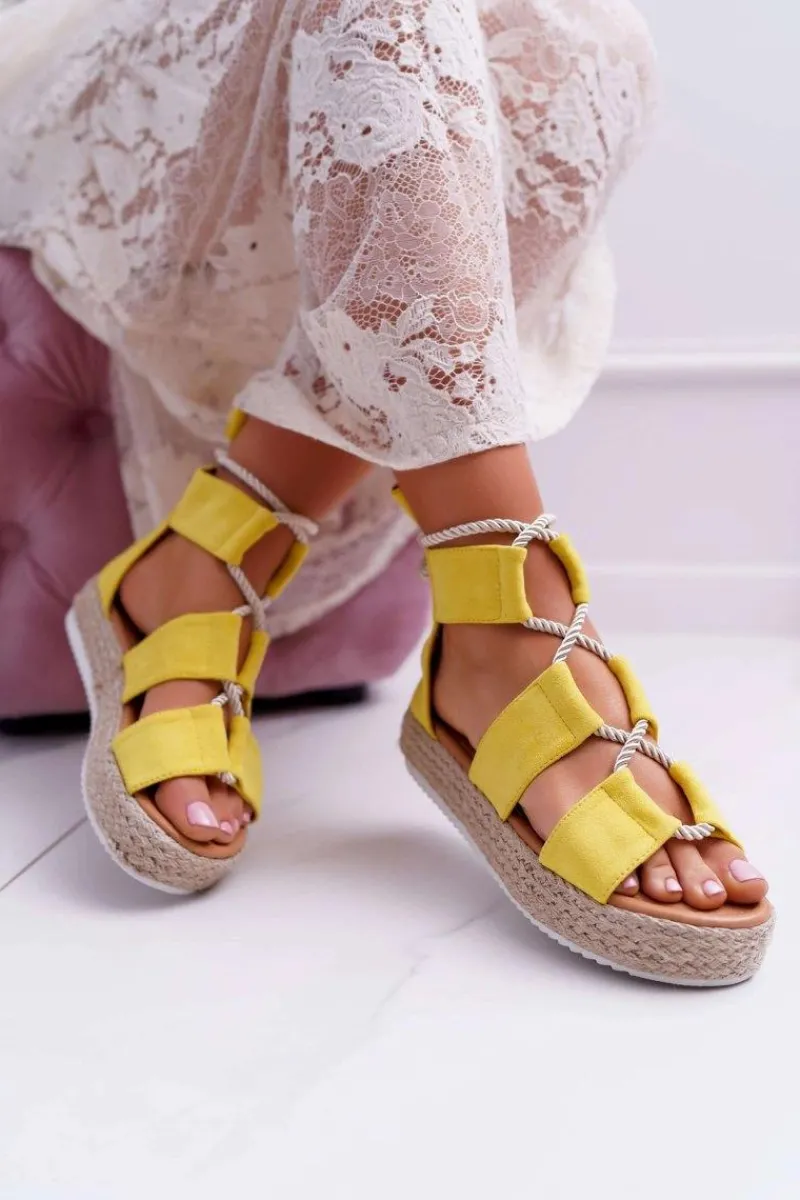 Sandały Płaskie>Boto Sandały Damskie na Platformie Zamszowe Żółte Ergola