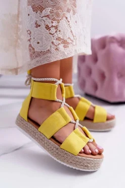 Sandały Płaskie>Boto Sandały Damskie na Platformie Zamszowe Żółte Ergola