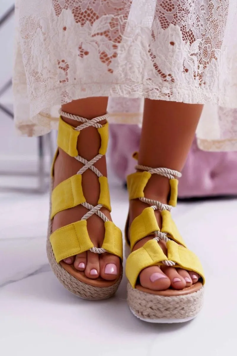 Sandały Płaskie>Boto Sandały Damskie na Platformie Zamszowe Żółte Ergola