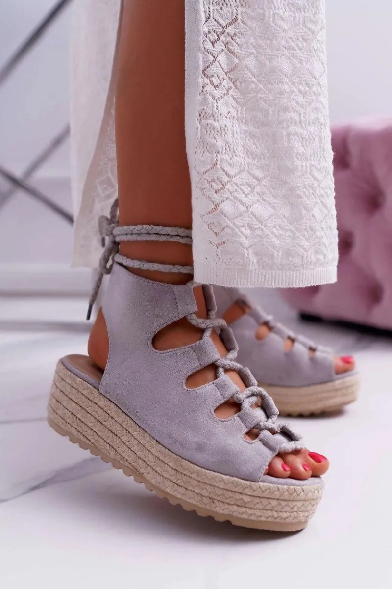Outlet Sandały Damskie Na Platformie Z Espadrylem Sznurowane Szare Grand Damskie Sandały Na Koturnie|Sandały Płaskie