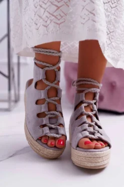 Outlet Sandały Damskie Na Platformie Z Espadrylem Sznurowane Szare Grand Damskie Sandały Na Koturnie|Sandały Płaskie