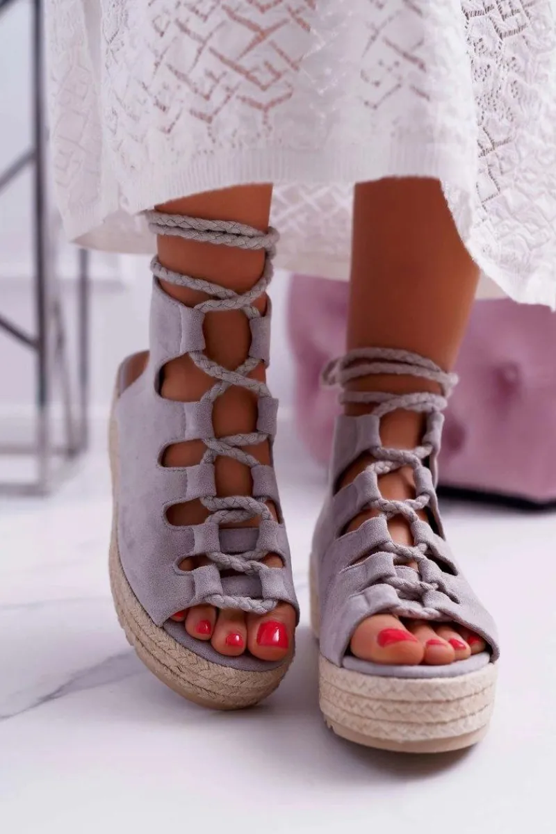 Outlet Sandały Damskie Na Platformie Z Espadrylem Sznurowane Szare Grand Damskie Sandały Na Koturnie|Sandały Płaskie