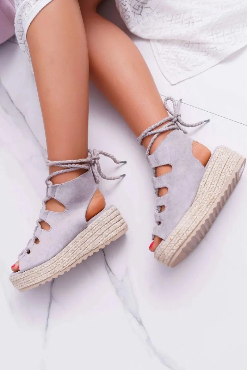 Outlet Sandały Damskie Na Platformie Z Espadrylem Sznurowane Szare Grand Damskie Sandały Na Koturnie|Sandały Płaskie