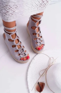 Outlet Sandały Damskie Na Platformie Z Espadrylem Sznurowane Szare Grand Damskie Sandały Na Koturnie|Sandały Płaskie