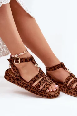 New Boto Sandały Damskie Na Platformie Ze Złotym Detalem Panterka Kartia Brązowy