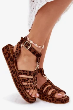 New Boto Sandały Damskie Na Platformie Ze Złotym Detalem Panterka Kartia Brązowy