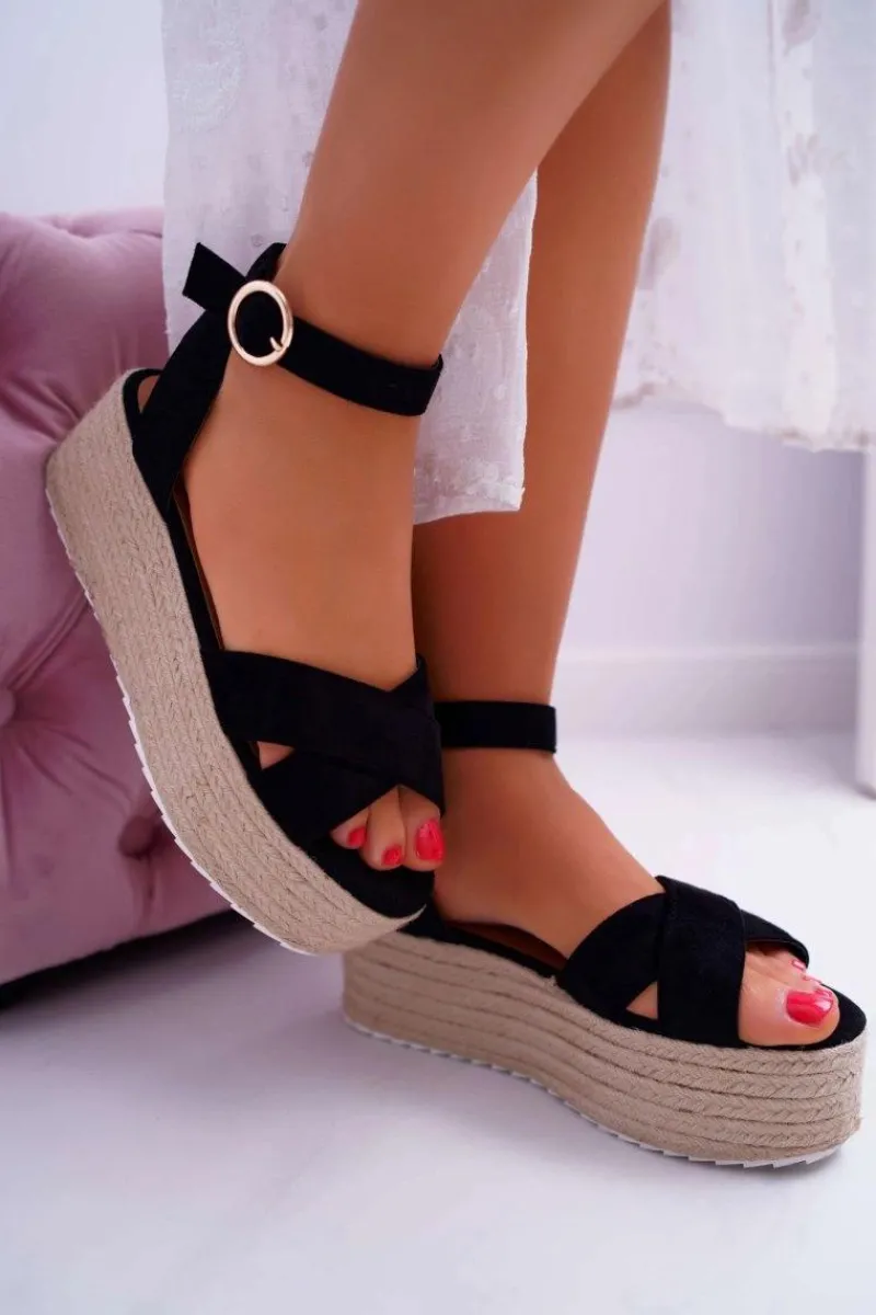 Sandały Płaskie>Boto Sandały Damskie Na Platformie Lniane Czarne Dafostre