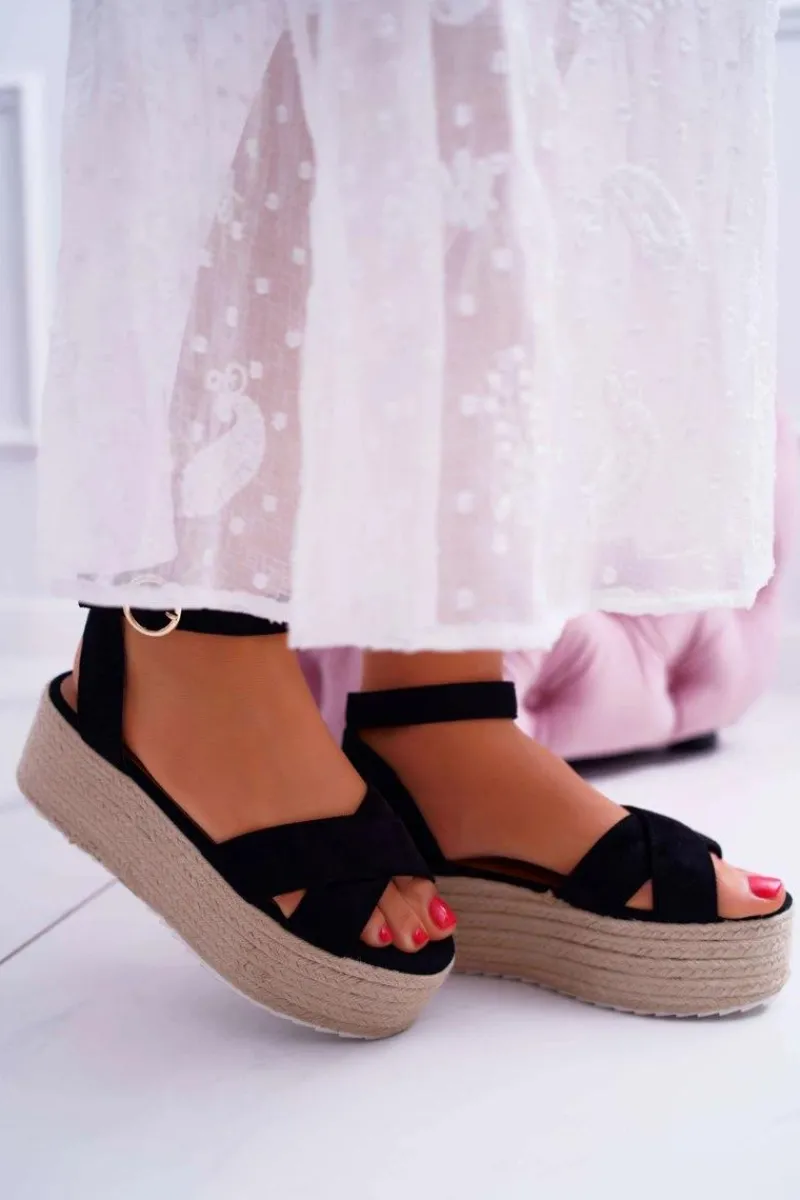 Sandały Płaskie>Boto Sandały Damskie Na Platformie Lniane Czarne Dafostre